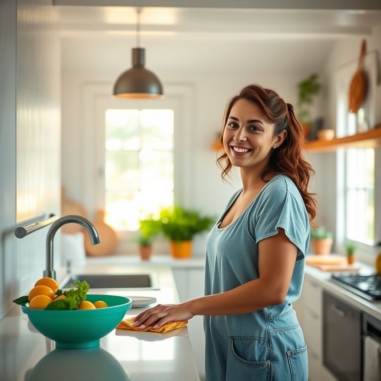Mulher sorrindo enquanto limpa a cozinha em casa brasileira iluminada e colorida.