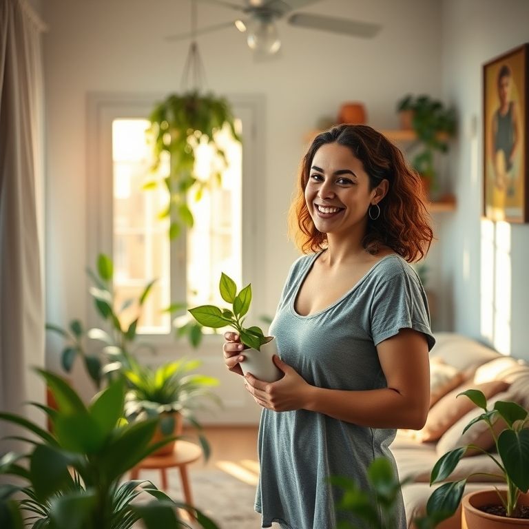 Mulher sorrindo enquanto organiza sua casa, com plantas e luz natural.