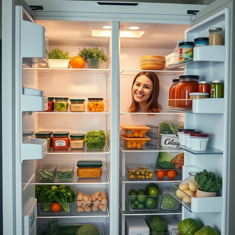Mulher sorrindo para geladeira organizada e repleta de alimentos frescos.
