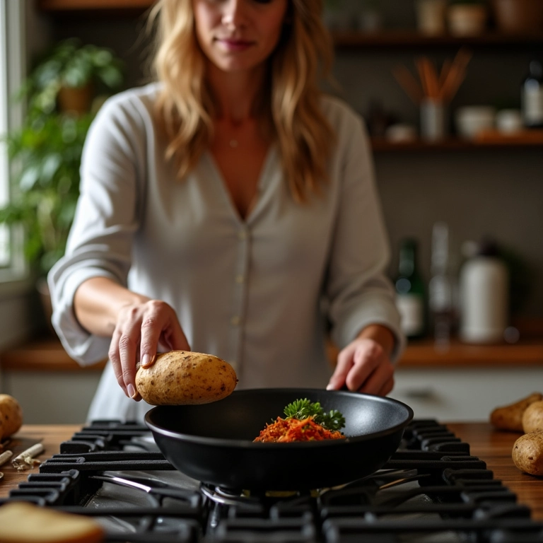 Mulher usando batata para limpar panela queimada.