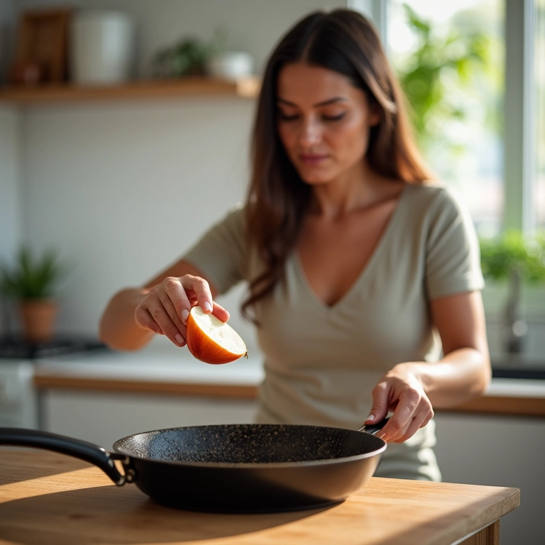 Mulher usando cebola para limpar panela queimada.