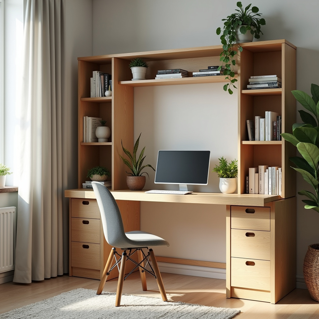 Multifunctional furniture for small home office, fold-down desk, storage shelves, Brazilian decor, Móveis multifuncionais otimizando um home office pequeno.