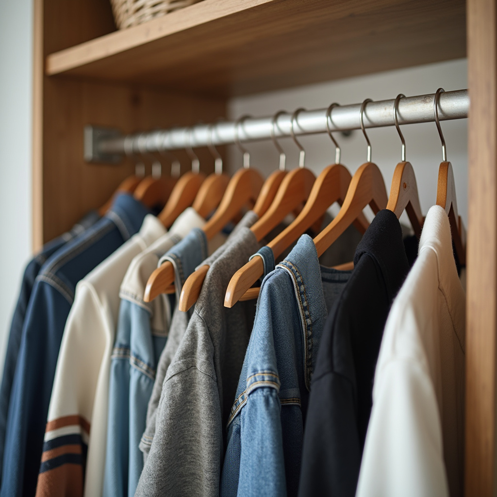 Multiple hangers used to maximize space in a small closet. 8k, professional photography, sharp Cabides múltiplos otimizando espaço em closet pequeno.