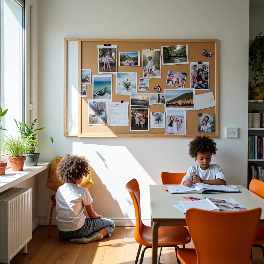 Mural de inspiração com fotos e frases em um quarto de estudos infantil.