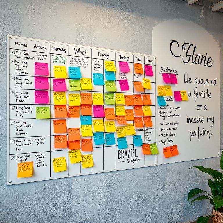 Mural de tarefas com notas coloridas e agenda organizada.