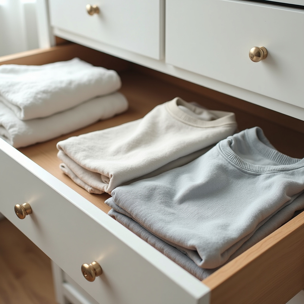 Neatly organized dresser drawers with folded clothes, KonMari method, bright natural light, Gavetas da cômoda organizadas com roupas dobradas.