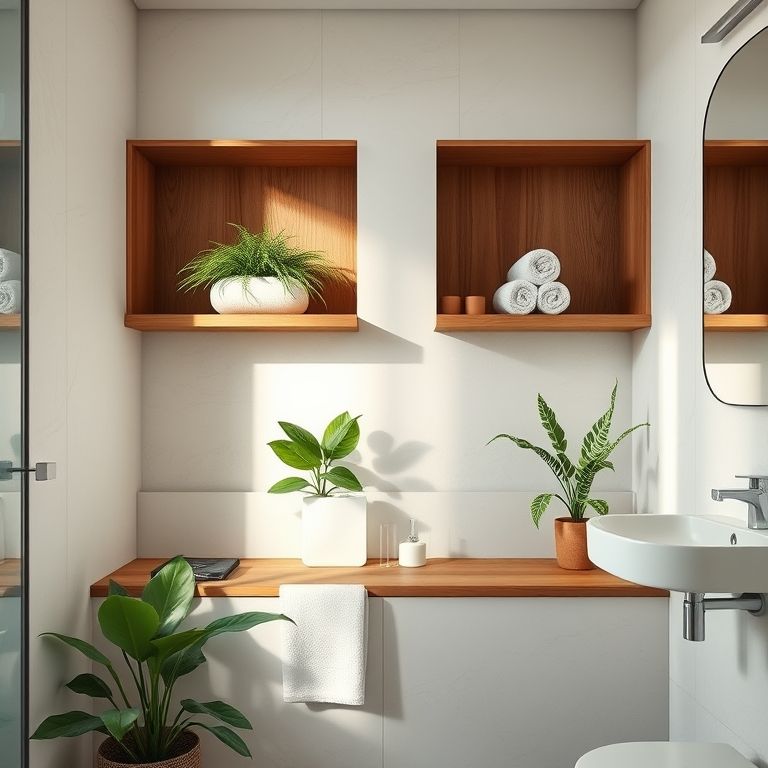 Nichos e prateleiras aéreas em um banheiro decorado com toalhas e plantas.