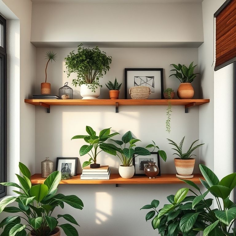 Nichos e prateleiras exibindo plantas, livros e objetos decorativos em estilo brasileiro.