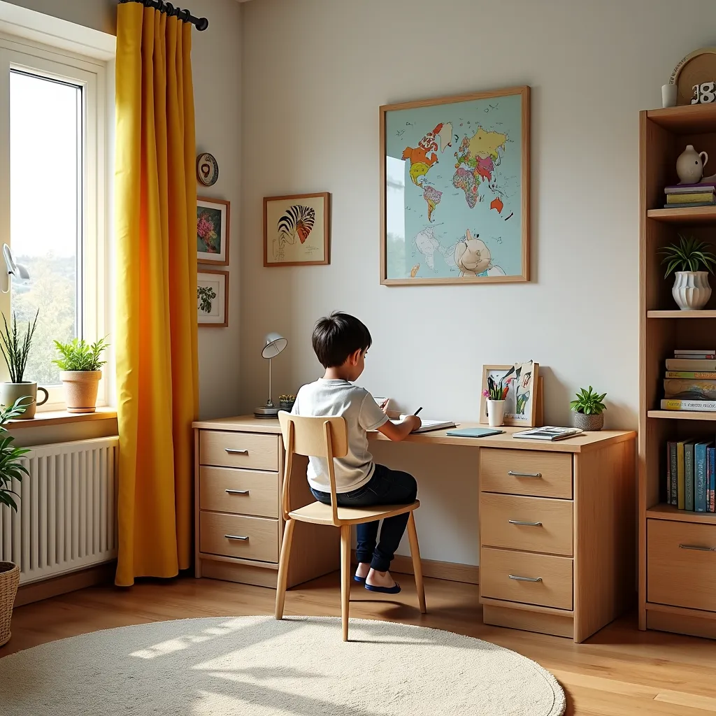 Objetos inspiradores e motivadores no quarto de estudos infantil.