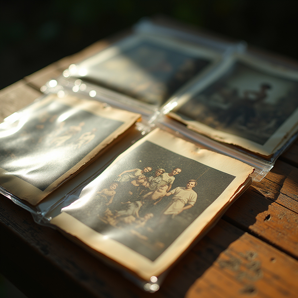 Old photos in zip lock bags, protected from humidity, Brazilian sunlight, close-up, 8K, sharp focus. Fotos antigas protegidas em sacos zip lock.
