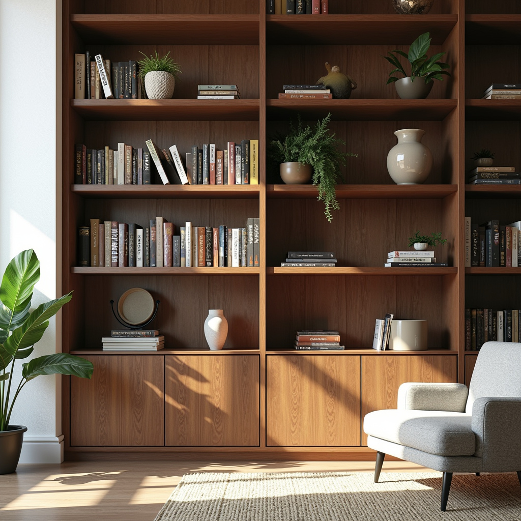 Open bookshelves displaying books and decor, Brazilian design elements, natural light, professional Estante aberta com livros e objetos decorativos.