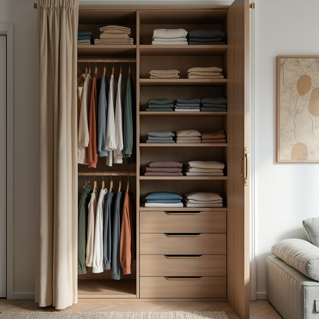 Open closet, clothes organized by color and type. Shelves with folded clothes. Lifestyle Roupas organizadas por cor e tipo no armário.
