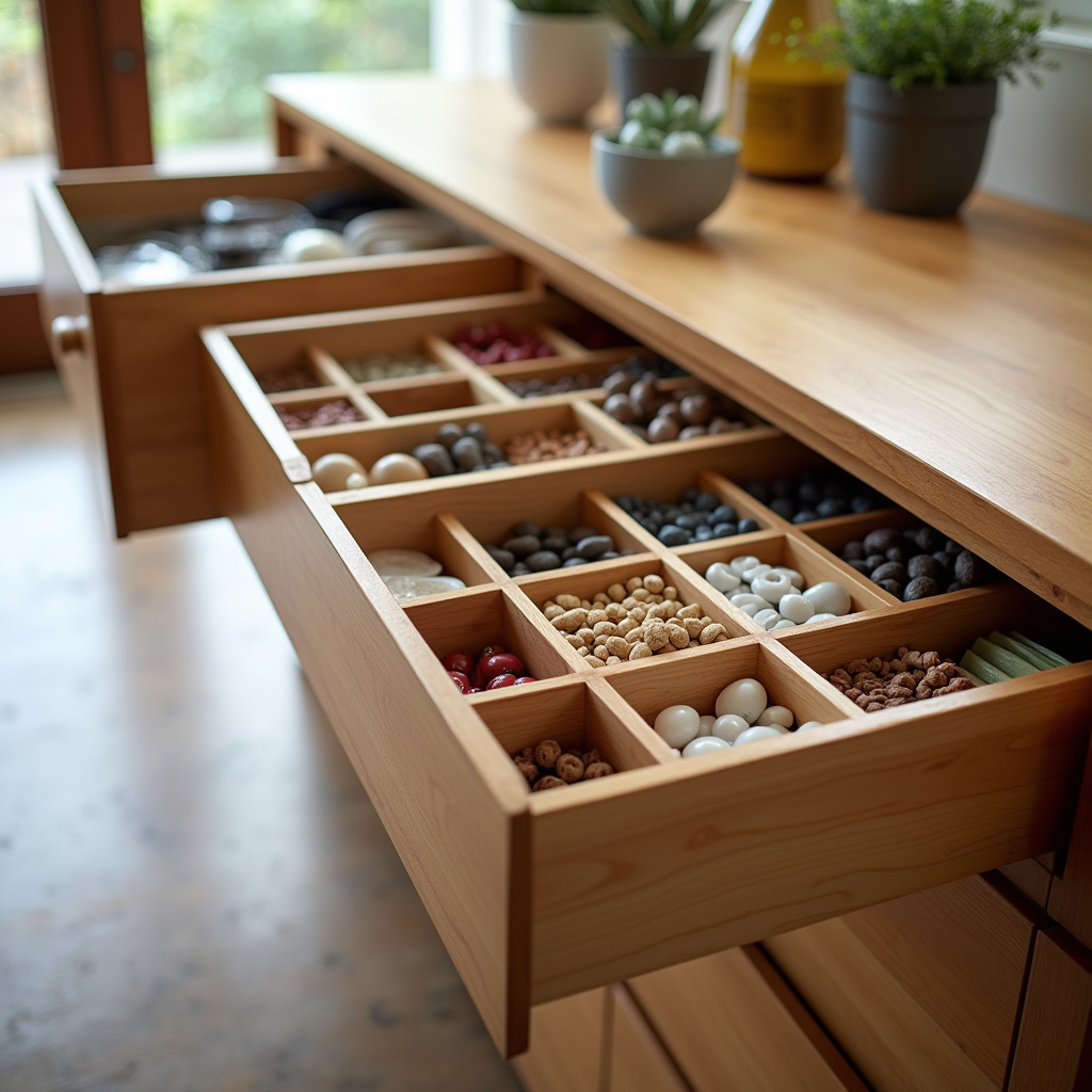 Open drawer with mixed items vs. organized drawer with dividers. Natural light, 8K quality, sharp Gaveta desorganizada vs. gaveta organizada com divisórias.