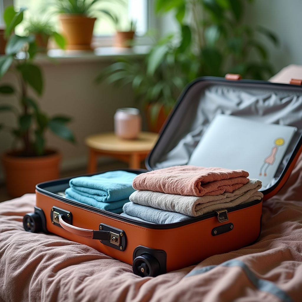 Open suitcase on a bed, travel checklist, clothes neatly folded, natural light, 8K quality, Checklist para organizar mala de viagem.