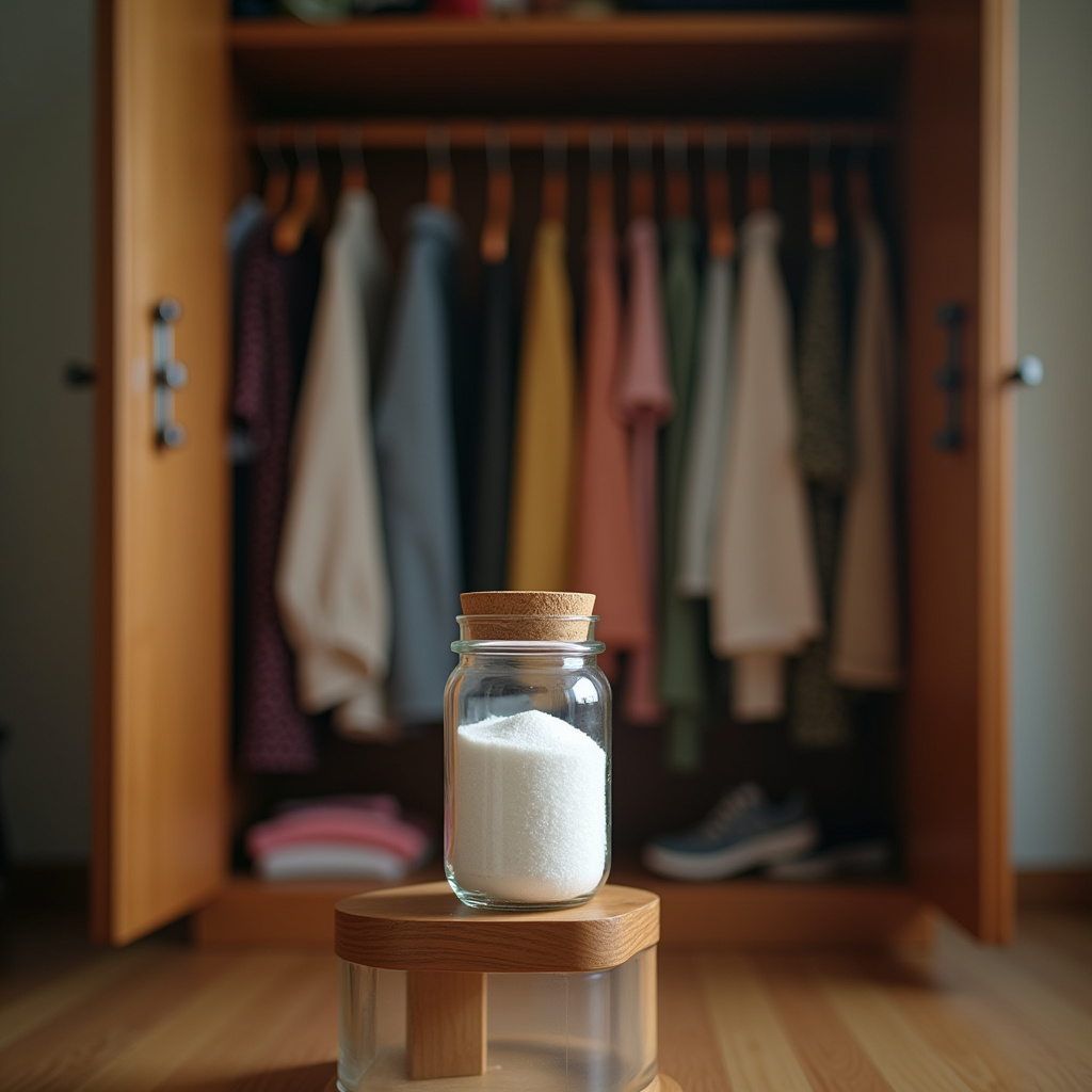 Open wardrobe with homemade dehumidifier (salt in jar). Focus on jar, clothes blurred. Brazilian Desumidificador caseiro com sal grosso dentro do guarda-roupa.