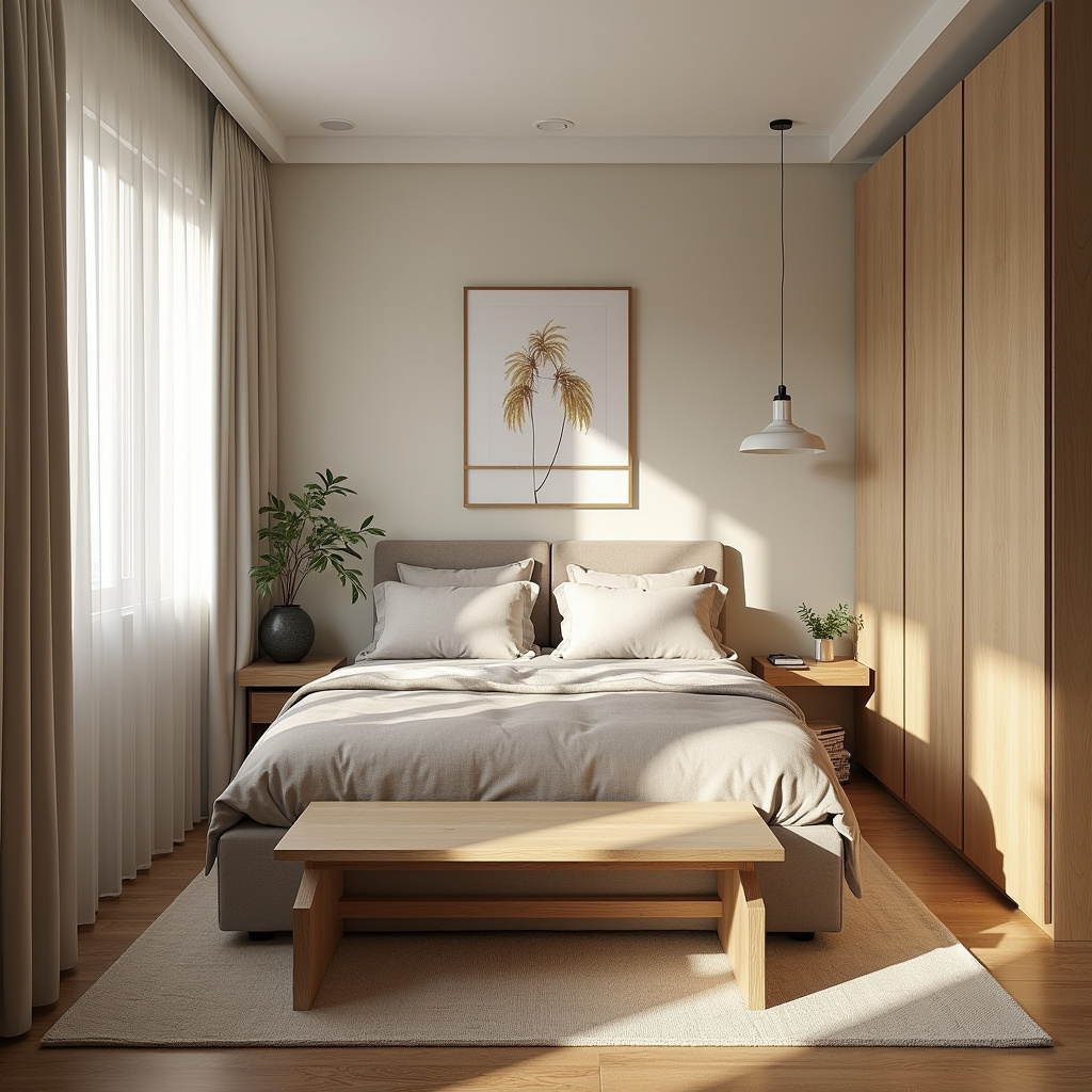Optimized small bedroom with multifunctional furniture and light colors, natural light, 8K, Quarto pequeno otimizado com móveis multifuncionais.