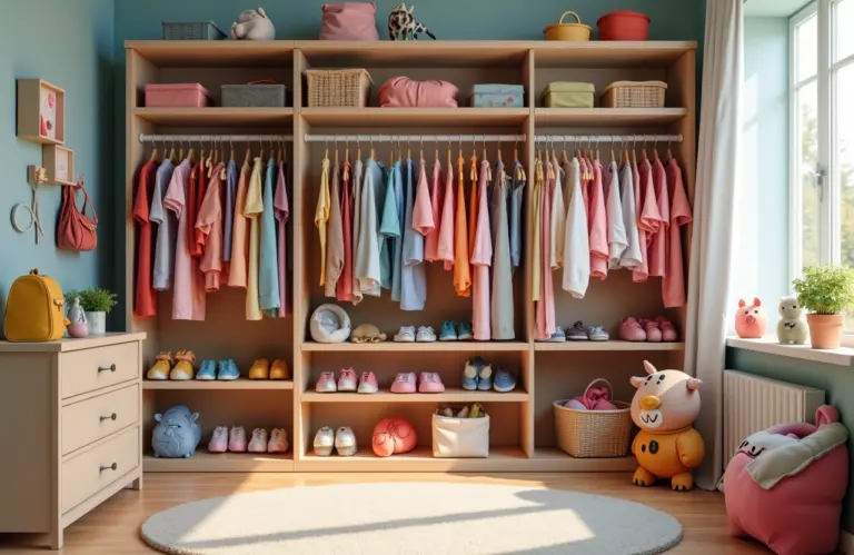 Um guarda roupa infantil organizado com roupas coloridas e acessórios.