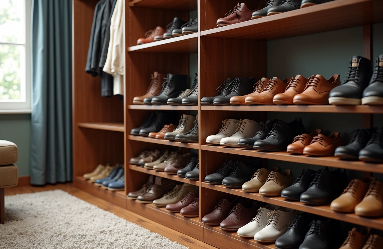 Imagem de um guarda-roupa bem organizado com diversos tipos de sapatos.