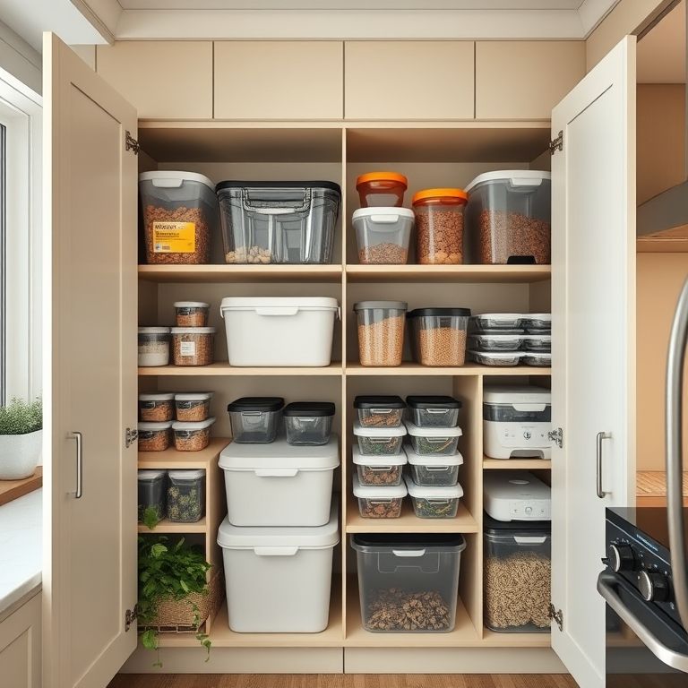 Organização vertical do armário da cozinha com prateleiras.