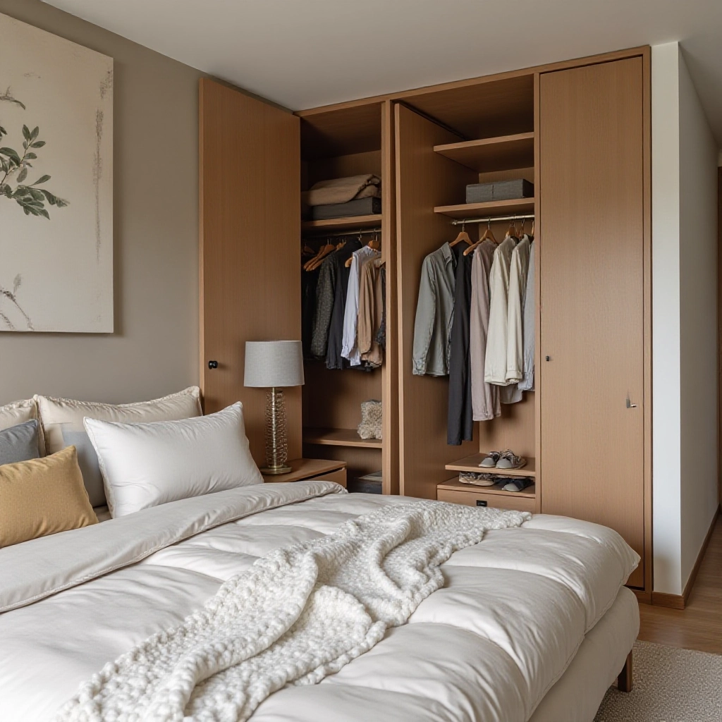 Um quarto organizado e harmonioso, com o guarda-roupa bem organizado como um dos elementos-chave.