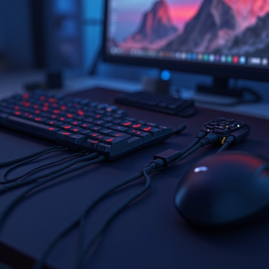 Um organizador de cabos mantendo os fios do setup gamer arrumados e escondidos.