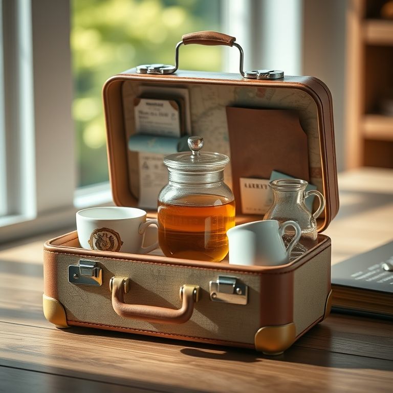Organizador de chá temático com design de mala de viagem.