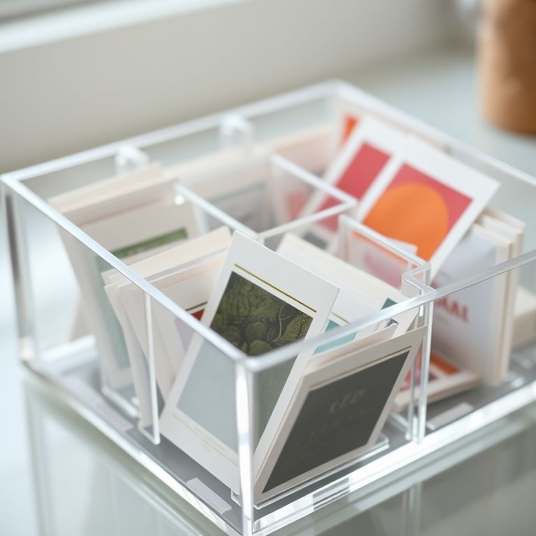 Organizador de chás de acrílico transparente com sachês de chá coloridos.