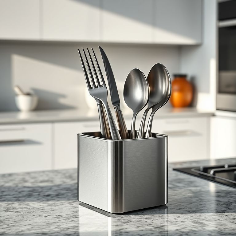 Organizador de talheres de inox em bancada de granito.