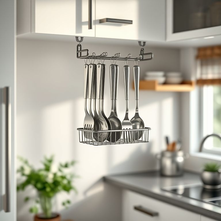 Organizador de talheres suspenso de metal sob o armário da cozinha.