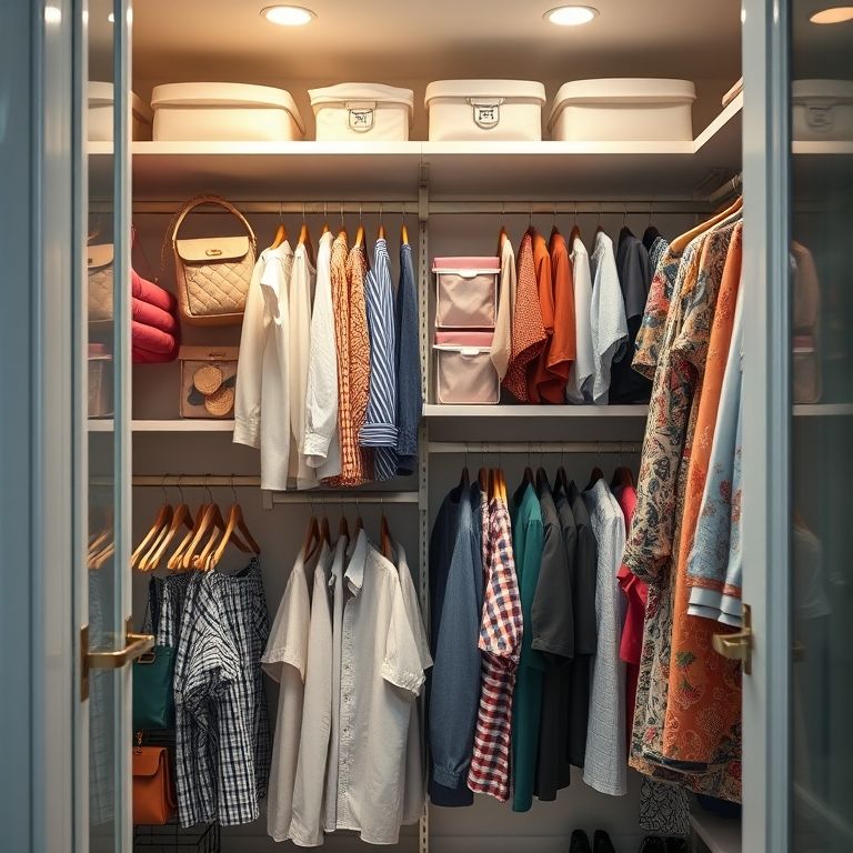 Organizadores suspensos otimizando o espaço do guarda-roupa.
