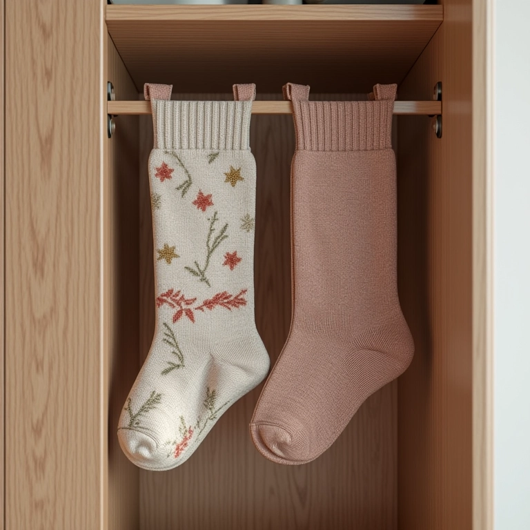 Organizadores suspensos para meias dentro de armário.