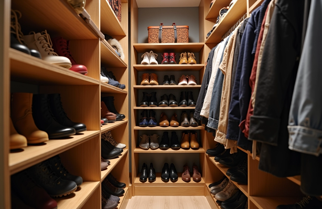 Utilização de organizadores verticais para maximizar o espaço de armazenamento de sapatos.