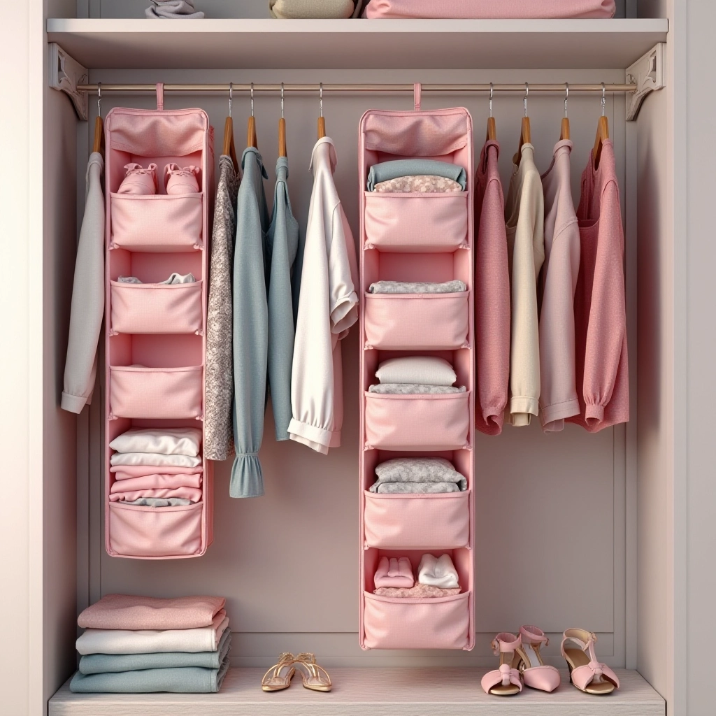 Invista em organizadores verticais para maximizar o espaço. Organizadores verticais pendurados dentro de um guarda-roupa infantil.