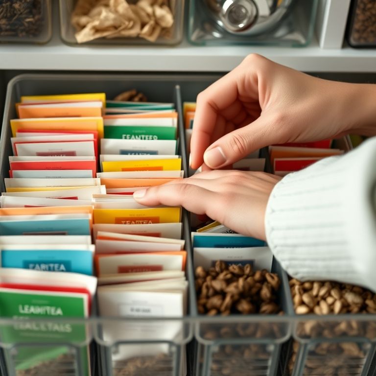 Organizando sachês de chá dentro do organizador com diferentes cores.