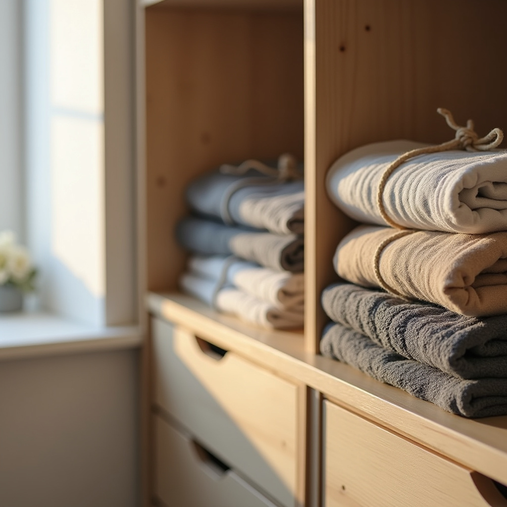 Organized closet, scented sachets, folded clothes, fresh scent, bedroom setting, natural light, Guarda-roupa organizado com roupas cheirosas.