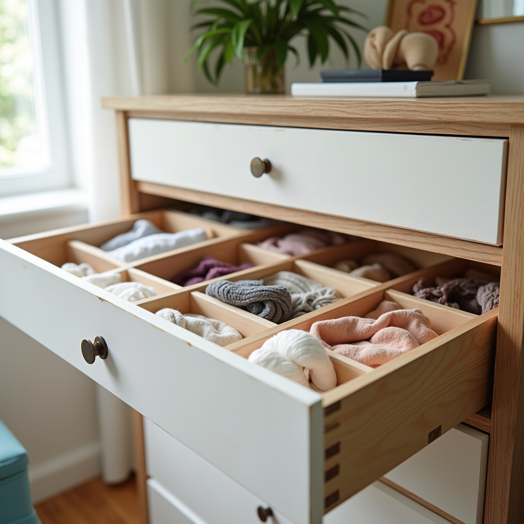 Organized dresser using repurposed boxes, DIY dividers, natural light, lifestyle photography, 8K Cômoda organizada com materiais reciclados.