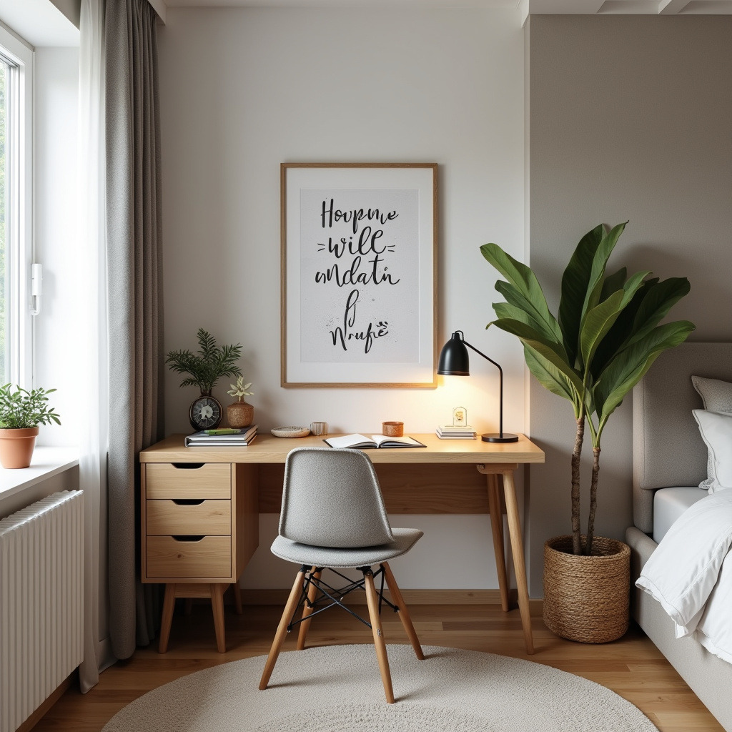 Organized home office nook in a bedroom with desk, chair, and motivational items, natural light, Cantinho de estudos organizado em quarto.