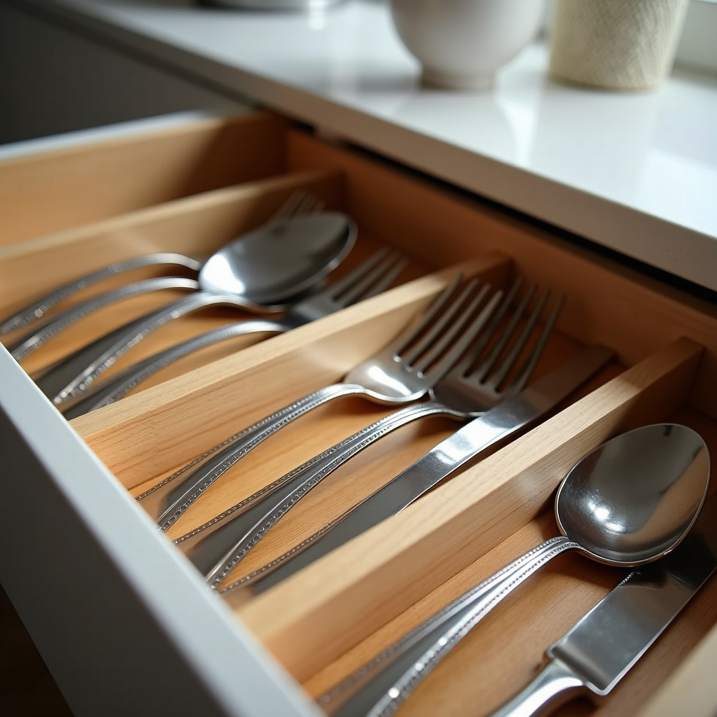 Gaveta de talheres organizada com divisórias de bambu.