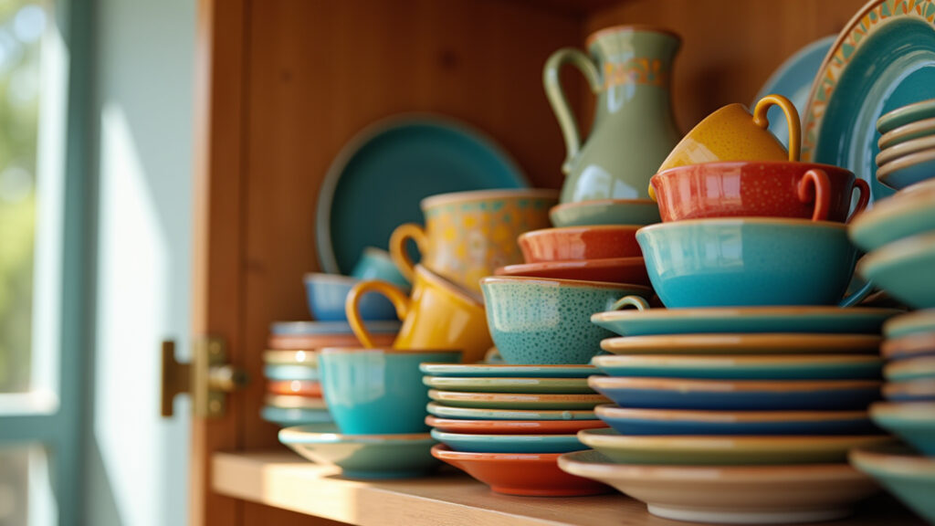 Organizing a vibrant collection of teacups and saucers in a sunlit Brazilian kitchen cabinet, Xícaras e pires coloridos organizados em armário de cozinha.