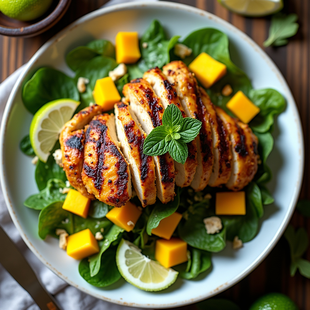 Overhead shot, vibrant grilled chicken salad with mango, mint, and lime dressing. Farm Rio style Salada de frango grelhado com manga e hortelã, cores vibrantes.