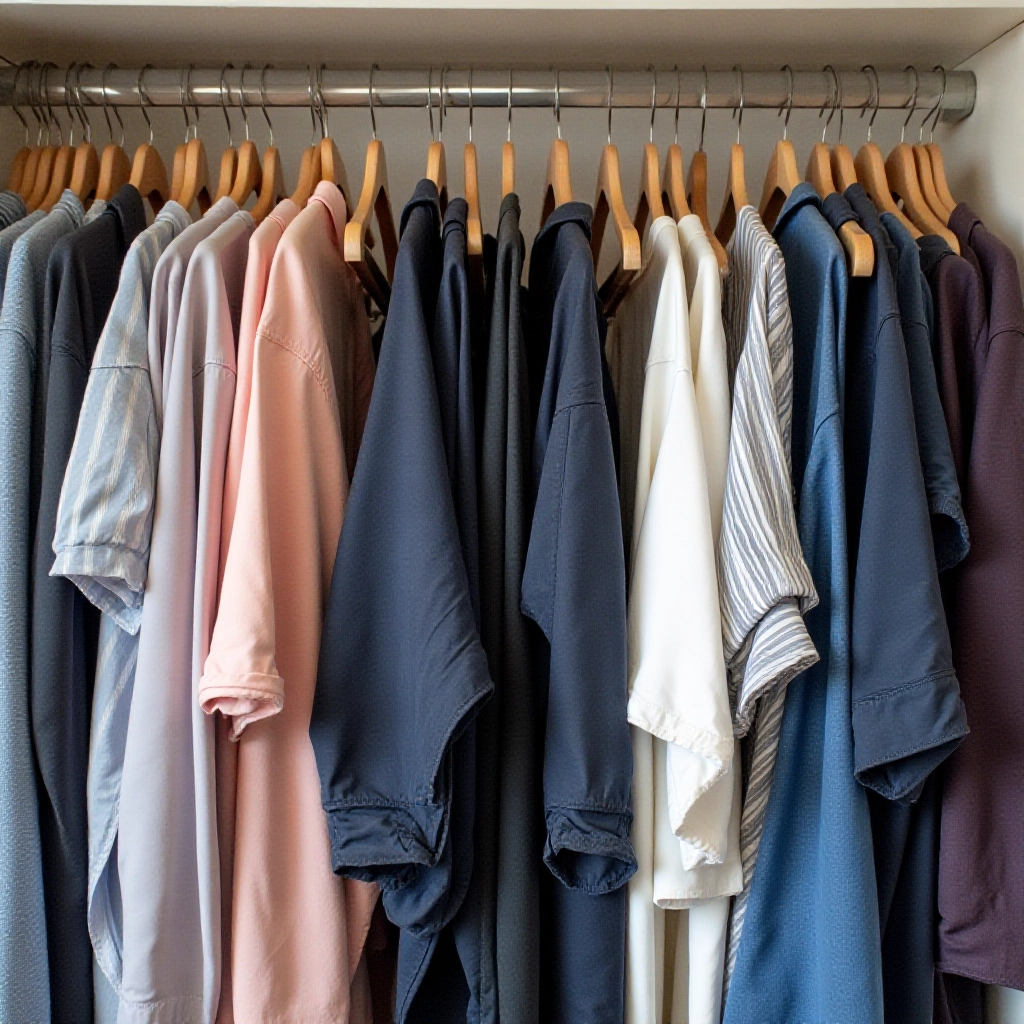 Um guarda-roupa organizado por tipo de roupa, com seções claramente definidas e cabides padronizados.