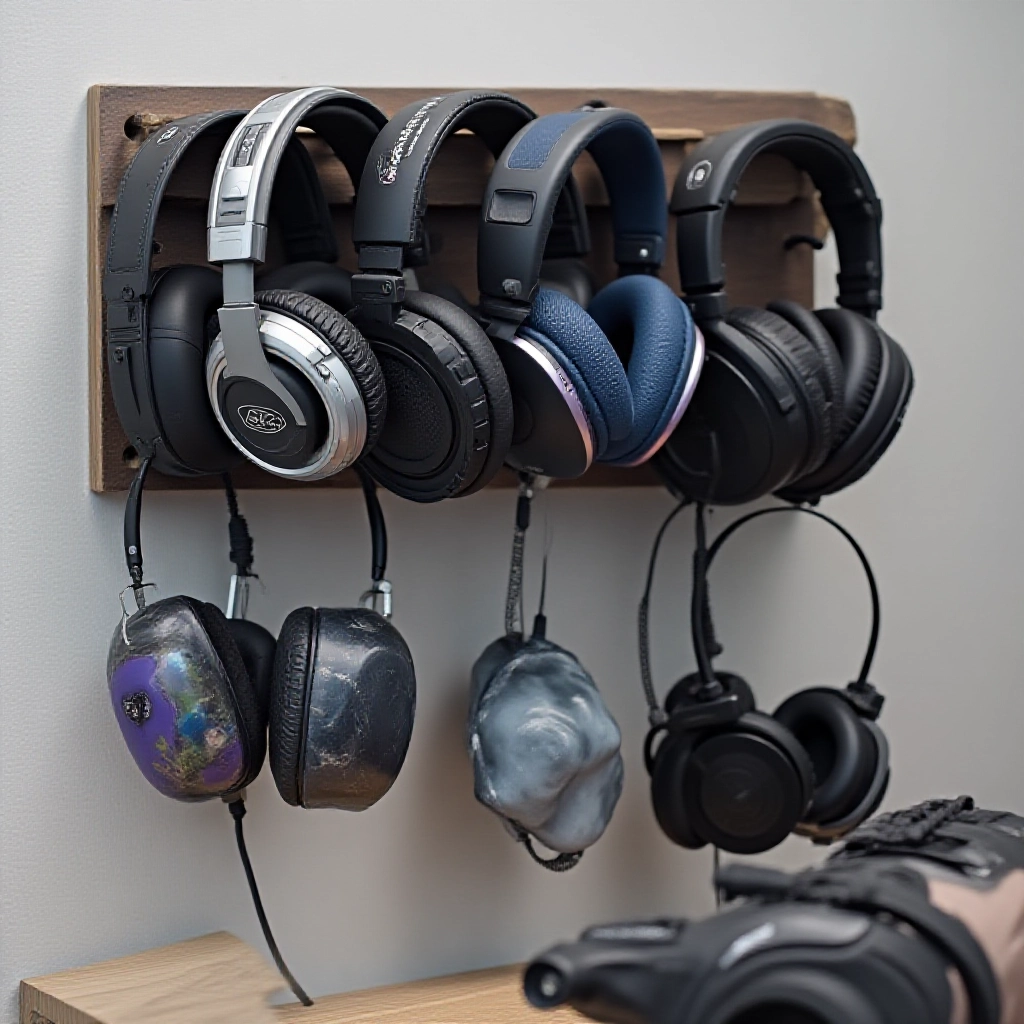 Um painel elegante exibindo diversos headsets gamer.