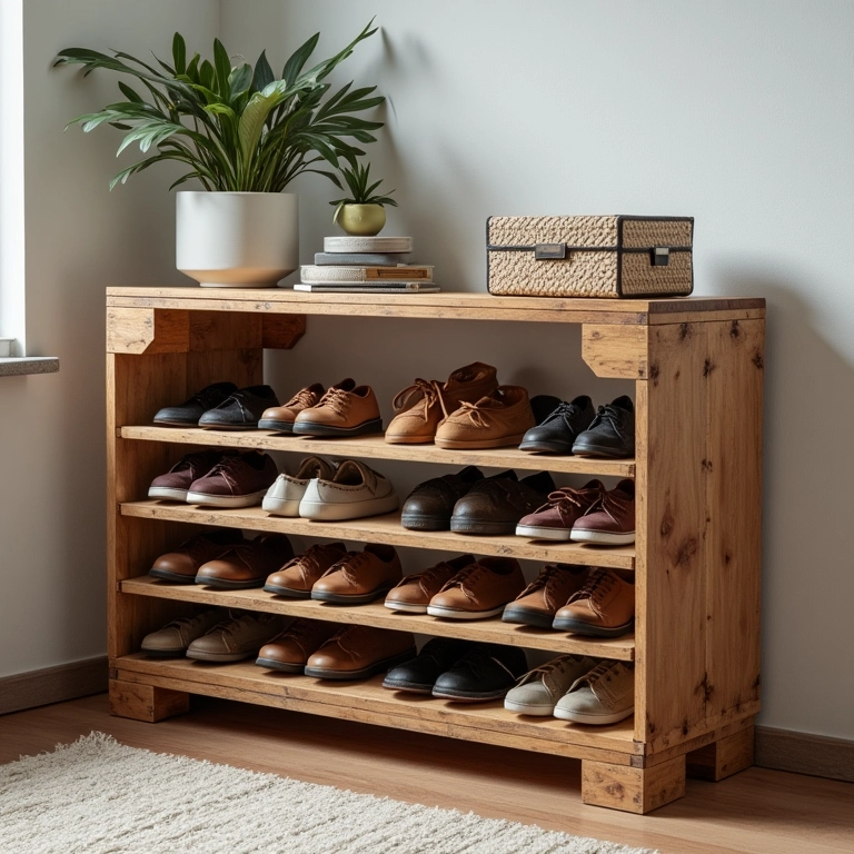 Paletes de madeira como sapateira.