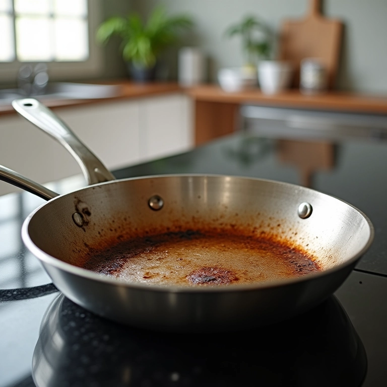 Panela de aço inoxidável queimada sendo limpa em cozinha iluminada.