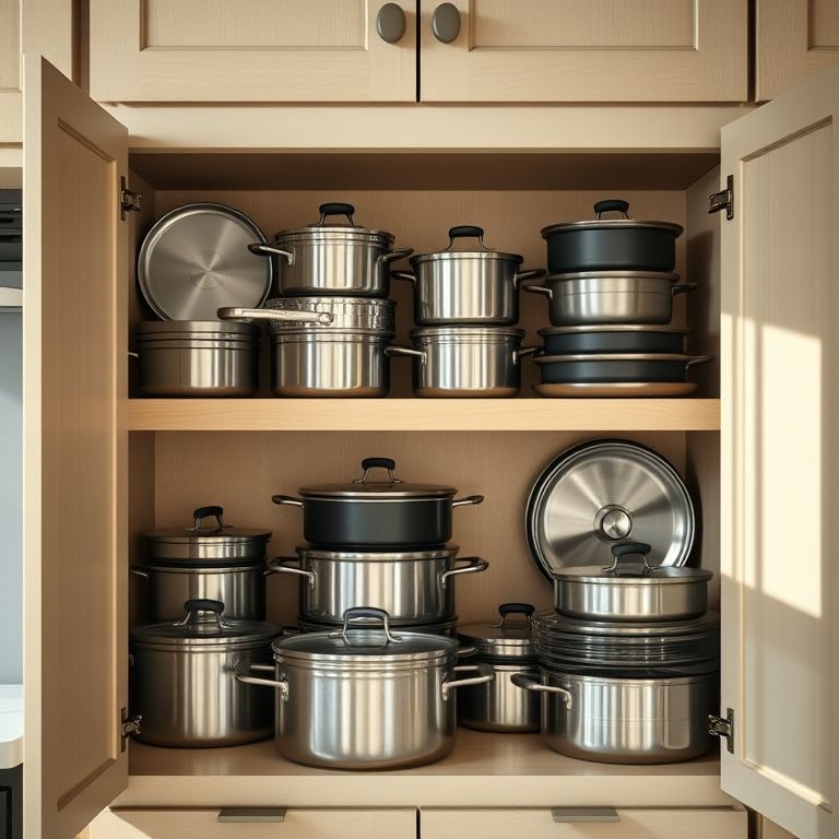 Panelas organizadas por tamanho no armário da cozinha.