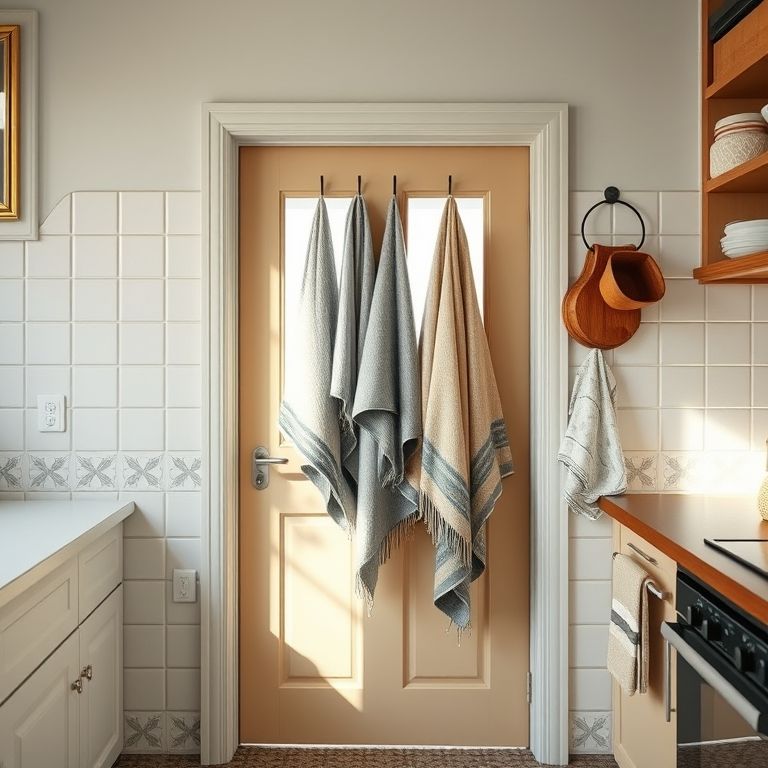 Panos de prato e toalhas pendurados atrás da porta da cozinha.