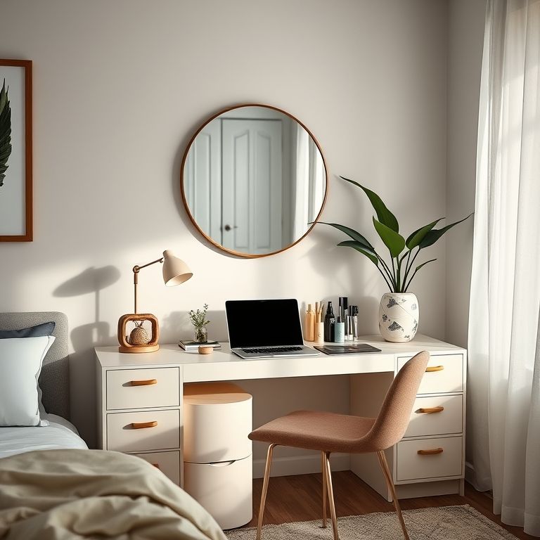 Penteadeira multifuncional com escrivaninha em quarto moderno.