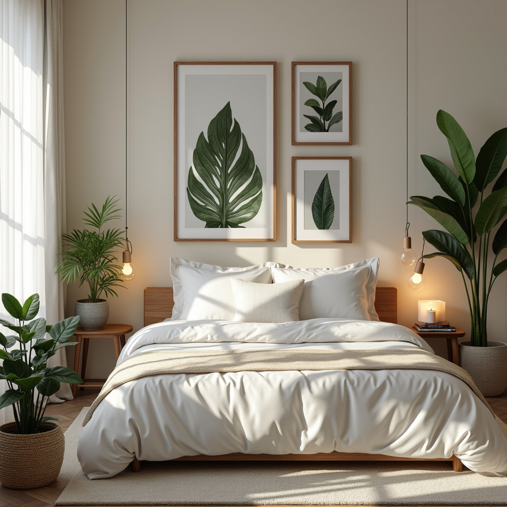 Personalized bedroom decor, pictures, plants, candles. Natural light, 8k quality, professional Quarto com decoração personalizada.