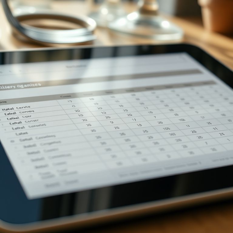 Planilha comparativa de organizadores de talheres em um tablet.