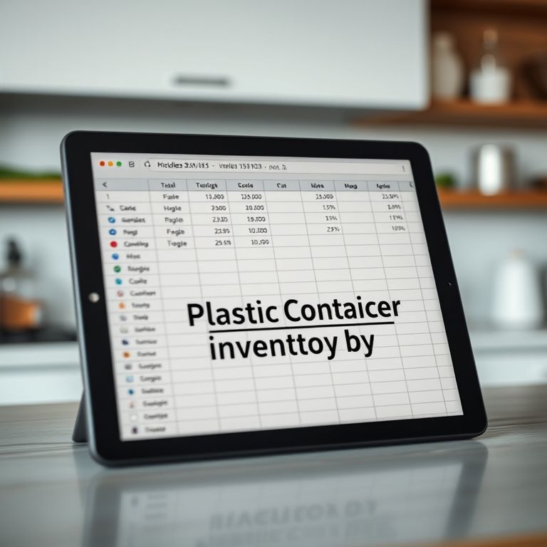 Planilha de inventário de potes de plástico em tablet.